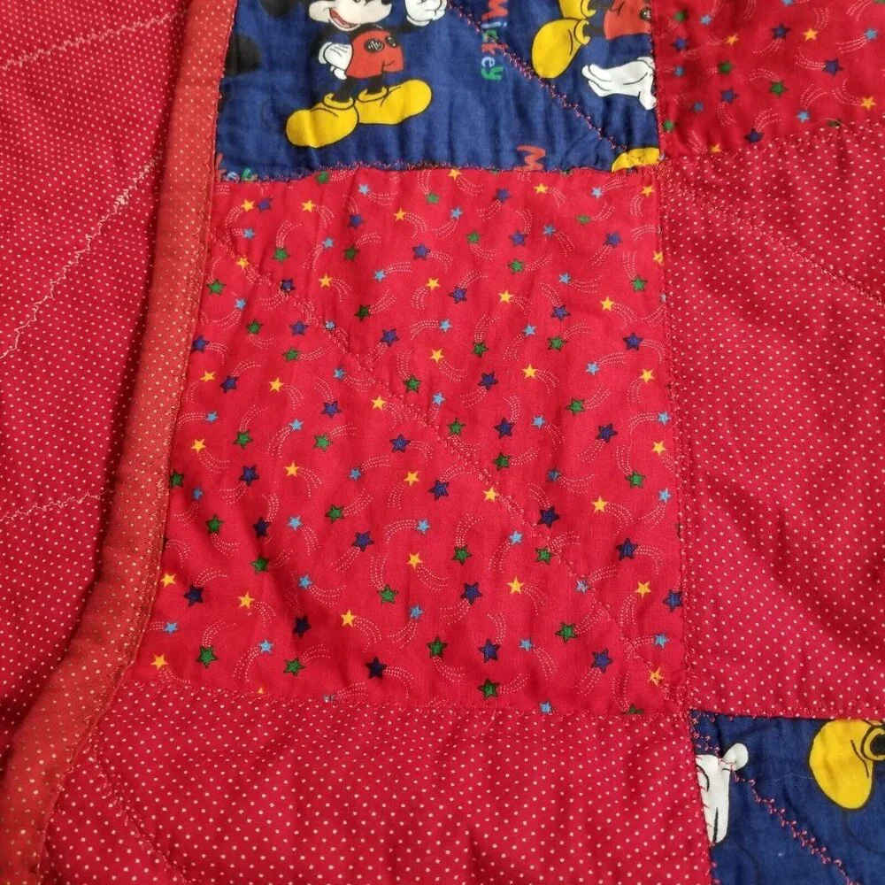 vtg‎ handmade mickey mouse quilt blanket throw crib 36x51